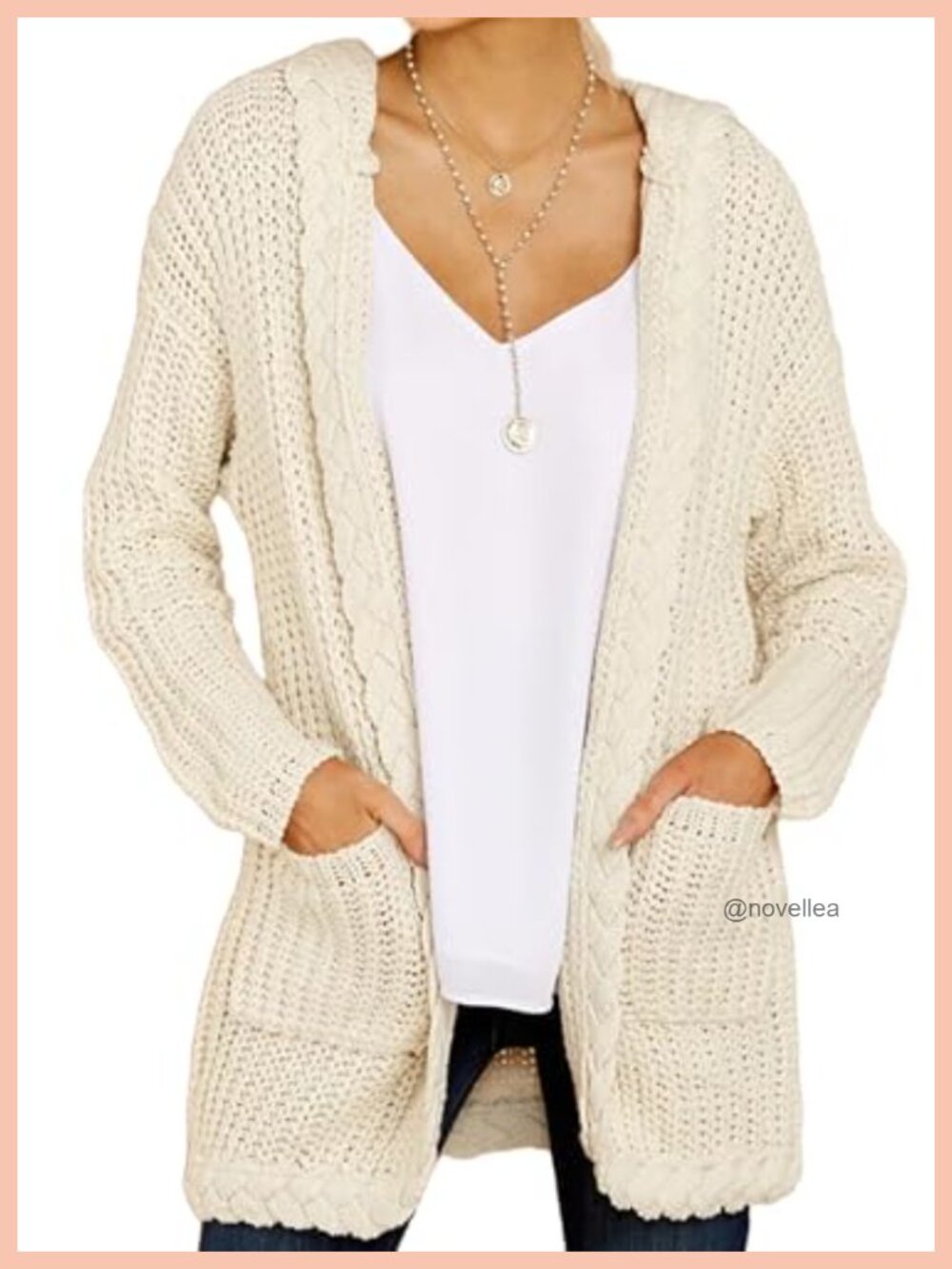 Oversized Hooded Cardigan Chunky Cable Knit Sweater Open Front with Pockets